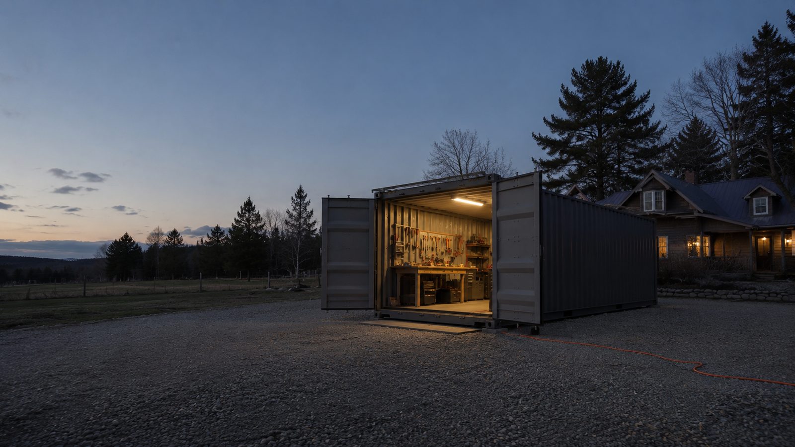 A 20-foot shipping container used as a workshop, doors open and lit at dusk, beside a farmhouse
