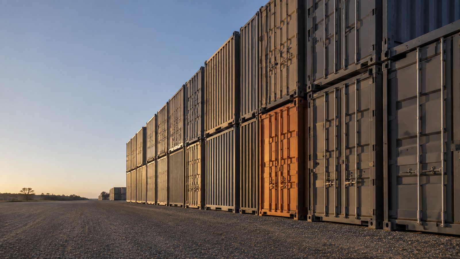 Rows of stacked shipping containers in a yard at sunrise, one of them orange